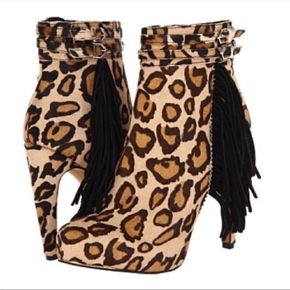 Sam Edelman | Keegan Leopard Animal Print Black Tan Calf Hair Fringe Ankle Boots